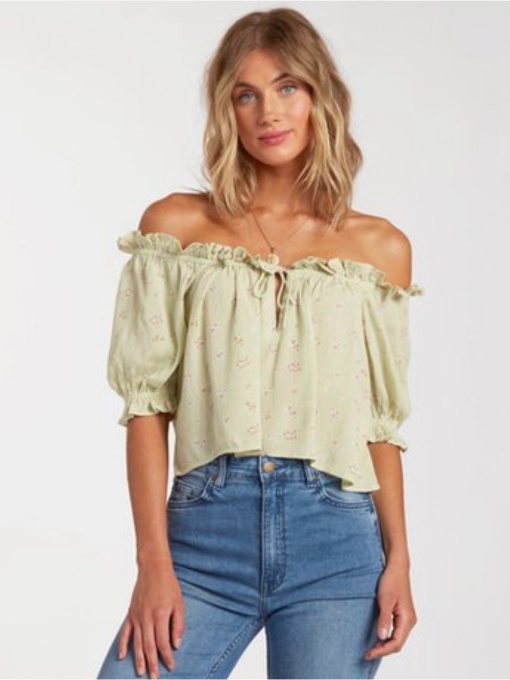 Billabong Pale Green Off-Shoulder Floral Crop Top